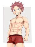  1boy abs bulge crotch fairy_tail looking_at_viewer male_focus muscle natsu_dragneel pecs pink_hair scar smile solo teeth topless torakichi_(ebitendon) underwear 