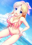  bikini blonde_hair blue_eyes breasts cleavage dai-juuichi_koukuu_kantai fangs highres large_breasts leaning_forward long_hair miyauchi_lemmy ocean ponytail solo summer swimsuit to_heart water 