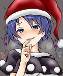  blue_eyes blue_hair blush doremy_sweet finger_to_mouth grey_background hat hato_no_suisou highres naughty_face nightcap parted_lips pom_pom_(clothes) short_hair solo touhou trembling upper_body 