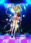  akita_neru alternate_costume blonde_hair boots bow caffein elbow_gloves gloves hair_bow hair_ribbon hands highres legs long_hair microphone microphone_stand midriff open_mouth ribbon side_ponytail skirt solo very_long_hair vocaloid yellow_eyes 