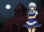  braid clock clock_tower crossed_arms highres izayoi_sakuya katagi_ren moon short_hair silver_hair solo touhou tower twin_braids wallpaper 