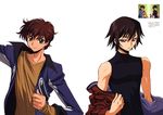  absurdres artist_request bare_shoulders black_hair brown_hair code_geass covered_navel green_eyes highres jacket kururugi_suzaku lelouch_lamperouge long_sleeves looking_at_viewer male_focus multiple_boys open_clothes open_jacket purple_eyes shirt simple_background skin_tight sleeveless t-shirt taut_clothes undressing upper_body white_background 