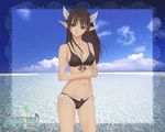  ahoge beach bikini breasts brown_eyes brown_hair cleavage day head_wings large_breasts long_hair ocean outdoors pointy_ears shining_(series) shining_wind solo swimsuit tanaka_takayuki thighs wallpaper water xecty_ein 