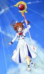  467_(artist) brown_hair cloud day flying happy highres left-handed lyrical_nanoha mahou_shoujo_lyrical_nanoha open_mouth purple_eyes raising_heart ribbon short_twintails skirt sky solo takamachi_nanoha twintails 