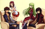  2girls absurdres black_hair blue_eyes brown_hair c.c. code_geass green_eyes green_hair highres jewelry kallen_stadtfeld kururugi_suzaku lelouch_lamperouge long_hair multiple_boys multiple_girls necklace official_art purple_eyes sakamoto_shuuji skirt yellow_eyes 