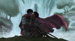  1girl armor berserk black_hair cape casca colorized couple dark_skin guts hetero highres kiss non-web_source outdoors short_hair sword water waterfall weapon 