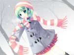 beanie coat copyright_request green_eyes green_hair hat highres mittens sakurazawa_izumi scarf skirt snow solo striped striped_scarf tree winter 