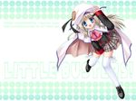  blue_eyes bow buttons cape hat highres izumi_makoto large_buttons little_busters! long_hair noumi_kudryavka open_mouth pink_bow plaid plaid_skirt school_uniform silver_hair skirt solo thighhighs wallpaper 