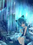  adapted_costume between_legs blue blue_eyes blue_hair blurry bow cirno dress food hair_bow hand_between_legs head_tilt highres ice ice_wings icicle looking_at_viewer no_pupils open_mouth popsicle scenery short_hair sitting sleeveless sleeveless_dress snow snowflakes snowing soaking_feet solo ti_owo touhou wings winter 