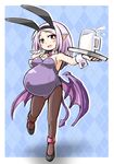  animal_ears bunny_ears bunny_girl bunnysuit commentary_request cup demon_girl demon_tail demon_wings detached_collar heart high_heels kugelschreiber lavender_hair long_hair mug original pantyhose pointy_ears pregnant red_eyes solo succubus tail tray wings wrist_cuffs 