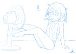  absurdres bangs bare_legs barefoot blue breasts electric_fan food highres monochrome mouth_hold original popsicle short_shorts shorts signature sitting sketch small_breasts solo sweat topless towel towel_around_neck tsukigi twintails 