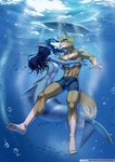  4_toes 5_fingers alanscampos anthro blonde_hair blue_hair blue_skin breasts bubble bulge canine clothed clothing day duo eyelashes eyes_closed female fin fish fur hair male mammal marine outside shark side_boob slim tan_fur toes topless underwater water wolf 