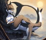  5_toes anthro black_lips detailed_background fin fish grey_eyes grey_skin hioshiru male marine nude outside partially_submerged shark sitting sky smile solo sun teeth toes water white_skin 