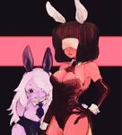  afro amethyst_(steven_universe) animal_ears black_gloves breasts bunny_ears bunnysuit cleavage detached_collar elbow_gloves garnet_(steven_universe) gloves hand_on_hip highres isuhaimo lavender_hair looking_at_viewer multiple_girls necktie purple_skin red_skin smile steven_universe sunglasses 