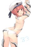  anchor arched_back arms_up ass back bare_shoulders beret bikini blush bow breasts brown_eyes character_name clothes_writing enemy_naval_mine_(kantai_collection) hanley hat hat_bow kantai_collection looking_at_viewer looking_back open_mouth restrained sailor_bikini sailor_collar sailor_hat short_hair side-tie_bikini simple_background small_breasts solo striped striped_bow swimsuit tentacles white_background white_bikini white_hat z3_max_schultz_(kantai_collection) 