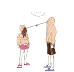  1boy 1girl 97_(eyli771199) :3 animal_print bad_id bad_twitter_id black_shorts brown_hair bunny_print character_name clothes_writing d.va_(overwatch) full_body hood hoodie long_hair long_sleeves navel overwatch pink_shorts restrained short_shorts shorts simple_background slippers soldier:_76_(overwatch) spoken_ellipsis string v-shaped_eyebrows white_background 