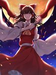  ascot backlighting bad_id bad_pixiv_id bow brown_hair closed_mouth cowboy_shot detached_sleeves dress full_moon hair_bow hair_ribbon hair_tubes hakurei_reimu highres moon ofuda red_bow red_dress red_eyes red_ribbon ribbon sidelocks solo touhou uyuu_(hirameki) wing_collar 