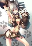  :3 animal_ears arm_up armband armpits artist_name bangs black_skirt breasts cat_ears cat_paws center_opening claw_(weapon) cleavage collar collarbone covered_navel cowboy_shot dated erune eyebrows eyebrows_visible_through_hair fang gloves gradient gradient_background granblue_fantasy grey_hair hair_between_eyes highres hip_vent hood hood_down long_hair looking_at_viewer medium_breasts miniskirt orange_eyes outline paw_gloves paw_print paws pleated_skirt saraki sen_(granblue_fantasy) sideboob skirt smile solo tongue tongue_out v-shaped_eyebrows weapon 
