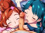  2girls blue_hair brown_hair cure_flora cure_mermaid fellatio go!_princess_precure haruno_haruka kaidou_minami kodomo_no_koe multiple_girls oral precure sameha_ikuya 