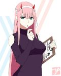  1girl artist_logo bangs blue_eyes breasts darling_in_the_franxx holding horns j_adsen long_hair long_sleeves looking_at_viewer medium_breasts pink_hair solo upper_body white_background zero_two_(darling_in_the_franxx) 