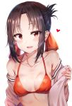  1girl :d absurdres bangs bare_shoulders bikini black_hair blush breasts collarbone eyebrows_visible_through_hair folded_ponytail hair_ribbon halter_top halterneck heart highres kaguya-sama_wa_kokurasetai_~tensai-tachi_no_renai_zunousen~ long_sleeves looking_at_viewer medium_breasts off_shoulder open_clothes open_mouth open_shirt parted_bangs red_bikini_top red_eyes red_ribbon ribbon shinomiya_kaguya shirt short_hair sidelocks simple_background smile solo sunhyun swimsuit teeth upper_body wet white_background white_shirt 