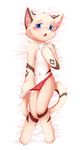  4_fingers 4_toes blue_eyes blush bulge cat child clothing cub feline fur lying male mammal navel nobusuke on_back open_mouth panties solo tan_fur toes underwear underwear_pull undressing white_fur young 