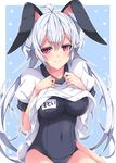  ahoge animal_ears blush breasts bunny_ears bunny_tail covered_navel gym_uniform hair_between_eyes hair_rings kemonomimi_mode large_breasts long_hair looking_at_viewer matoi_(pso2) milkpanda name_tag phantasy_star phantasy_star_online_2 school_swimsuit shirt_lift short_sleeves silver_hair smile solo swimsuit swimsuit_under_clothes tail twintails 