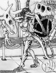  anthro anthrosaurs black_and_white bone breasts claws cleavage clothed clothing dinosaur dress female fossil isabelle_wen monochrome museum non-mammal_breasts predaguy raptor reptile scalie skeleton smile stripes theropod 