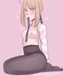  1girl 2018 ahoge artoria_pendragon_(all) black_legwear blush braid breasts dated fate_(series) french_braid green_eyes monochrome open_clothes pantyhose pink_background short_hair sitting small_breasts solo twitter_username wariza yurifucker 