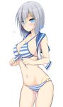  alternate_costume bare_arms bikini blue_eyes breasts commentary_request hair_ornament hair_over_one_eye hairclip hamakaze_(kantai_collection) kantai_collection large_breasts looking_at_viewer navel short_hair sideboob silver_hair simple_background solo striped striped_bikini swimsuit takeyuu thighs white_background 