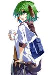  :d alternate_costume animal_ears bag black_pants commentary_request contemporary cowboy_shot dog_ears dog_tail drink green_eyes green_hair highres hood hooded_jacket jacket kasodani_kyouko looking_at_viewer manekinekoppoi_inu open_mouth pants short_hair shoulder_bag smile solo tail touhou white_background white_jacket 