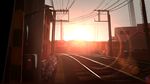  highres house lens_flare no_humans original railroad_tracks scenery smile_(qd4nsvik) sun sunset train_station utility_pole warehouse 