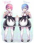  apron blue_eyes blue_hair breasts character_name cleavage cleavage_cutout detached_sleeves full_body hair_over_one_eye hairband highres hiro1984 holding_hands large_breasts lolita_hairband looking_at_viewer mary_janes medium_breasts multiple_girls pantyhose pink_hair ram_(re:zero) re:zero_kara_hajimeru_isekai_seikatsu red_eyes rem_(re:zero) shoes short_hair siblings sisters twins waist_apron white_legwear 