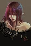  androgynous black_rose buri_(lionshook0805) character_name collarbone flower lady_bat long_hair mermaid_melody_pichi_pichi_pitch pointy_ears purple_eyes red_hair rose simple_background solo 