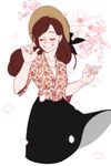  alternate_costume black_skirt blush brown_hair casual cherry_blossoms closed_eyes collarbone cowboy_shot d.va_(overwatch) fingernails floral_print hands_up hat highres nail_polish overwatch petals pink_nails shirt short_sleeves skirt sleeves_past_elbows smile solo sun_hat 