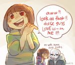  2015 2others androgynous bangs blunt_bangs blush_stickers brown_hair chara_(undertale) commentary dated english frisk_(undertale) hands_together hooded_top jacket michiru_(viridilly) multiple_others open_mouth red_eyes sans shirt skeleton smile striped striped_shirt undertale whispering 