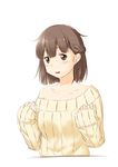  blush brown_eyes brown_hair highres niwatazumi off_shoulder original ribbed_sweater short_hair simple_background sleeves_past_wrists solo sweater white_background 