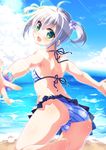  :d ahoge ass back barefoot beach bikini blush bulge flat_chest from_behind green_eyes hair_bobbles hair_ornament highres lew looking_back male_focus ocean open_mouth original otoko_no_ko outstretched_arms scrunchie short_hair silver_hair smile solo striped striped_bikini swimsuit twintails wrist_scrunchie 