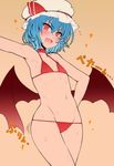  :d armpits bat_wings bikini blue_hair blush choker cowboy_shot fang flat_chest flying_sweatdrops groin hand_on_hip hat highres looking_at_viewer lowleg lowleg_bikini navel open_mouth orange_background outstretched_arm red_bikini red_eyes remilia_scarlet roki_(hirokix) short_hair simple_background smile solo sweat swimsuit touhou wings 