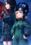  black_hair blonde_hair blue_eyes emblem faux_traditional_media girls_und_panzer hands_on_hips highres katyusha lain long_hair military military_uniform multiple_girls nonna pravda_(emblem) pravda_military_uniform serious short_hair smile snow uniform 