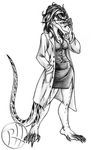  anthro anthrosaurs black_and_white blouse breasts claws cleavage clothed clothing dinosaur eyewear female glasses isabelle_wen lab_coat looking_at_viewer monochrome non-mammal_breasts predaguy raptor reptile scalie scientist skirt stripes theropod 