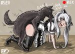  1girl bestiality black_legwear blush dog doggystyle leash maid no_panties open_mouth red_eyes saliva sex thighhighs tomoboshi twintails uchi_no_maid_ga_uzasugiru! ukai_midori vaginal white_hair 