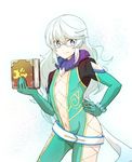  bodysuit book center_opening cosplay crossdressing glasses gloves green_bodysuit long_hair male_focus mikleo_(tales) presa_(tales) presa_(tales)_(cosplay) purple_eyes skin_tight smile tales_of_(series) tales_of_xillia tales_of_zestiria white_hair 