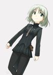  absurdres alternate_color dutch_angle green_eyes highres makaze_(t-junction) necktie pantyhose pleated_skirt pouch sanya_v_litvyak short_hair silver_hair simple_background skirt smile solo strike_witches walking white_background world_witches_series 