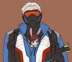 1girl :&lt; animal_ears bad_id bad_twitter_id bodysuit brown_background brown_eyes brown_hair bunny_ears chibi covered_mouth croquis2 d.va_(overwatch) explosive face_mask facepaint facial_mark gloves grenade headphones jacket kemonomimi_mode long_hair long_sleeves lowres mask minigirl overwatch pauldrons pilot_suit scar scar_across_eye shared_clothes shared_jacket short_hair simple_background soldier:_76_(overwatch) upper_body visor whisker_markings white_gloves white_hair 