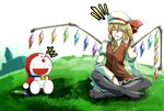  1boy 1girl :d ^_^ adapted_costume arm_garter bell black_legwear blonde_hair closed_eyes commentary_request crossover crystal day doraemon flandre_scarlet frilled_skirt frills full_body grass grin hat indian_style jingle_bell juliet_sleeves laughing long_sleeves manekinekoppoi_inu mini_dora mob_cap necktie open_mouth outdoors pantyhose puffy_sleeves red_ribbon red_skirt red_vest ribbon scarlet_devil_mansion side_ponytail sitting skirt skirt_set smile touhou vest whiskers wings yellow_neckwear 