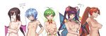  5girls ahoge alala androgynous areolae bat_wings bell belt blue_eyes blue_hair blunt_bangs breasts brown_eyes brown_hair butterfly_wings choker clenched_teeth closed_mouth collarbone crossed_arms detached_sleeves eyes_closed fairy fairy_wings fan fangs green_hair hair_ornament hand_on_hip head_fins horns lady_bat lanhua large_breasts long_hair looking_at_viewer mermaid_melody_pichi_pichi_pitch mimi_(mermaid_melody_pichi_pichi_pitch) multiple_girls navel nipples open_mouth orange_hair pale_skin pink_eyes pointy_ears ponytail red_eyes ribbon sheshe shirtless short_hair small_breasts tail upper_body wings wntame 