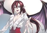  androgynous bat_wings collarbone fang frills gradient kanjou_jouki lady_bat long_hair looking_at_viewer mermaid_melody_pichi_pichi_pitch open_mouth pale_skin pointy_ears ponytail purple_eyes red_hair simple_background smile solo upper_body v-neck wings 