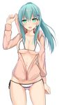  alternate_costume aqua_eyes aqua_hair bikini bikini_under_clothes breasts cleavage commentary_request eyebrows hair_ornament hairclip hood hoodie jacket kantai_collection large_breasts long_hair looking_at_viewer micro_bikini navel open_mouth sideboob simple_background solo suzuya_(kantai_collection) swimsuit takeyuu thighs underboob white_background 
