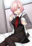 alternate_hair_color black_dress black_legwear blush breasts dress fate/grand_order fate_(series) glasses hair_over_one_eye highres jacket large_breasts long_sleeves looking_at_viewer mash_kyrielight md5_mismatch necktie on_bed open_clothes open_jacket open_mouth pantyhose pink_hair purple_eyes red_neckwear sabujiroko short_hair sitting solo sweat 